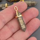 1 Pyrite Charm, Gemstone Point Pendant, gold trim, 1.5", chs8547