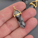 1 Snowflake Obsidian Charm, Gemstone Point Pendant, gold trim, 1.5", chs8549