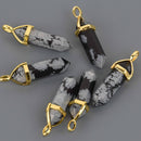 1 Snowflake Obsidian Charm, Gemstone Point Pendant, gold trim, 1.5", chs8549