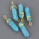 1 Turquoise Howlite Charm, Gemstone Point Pendant, gold trim, 1.5", chs8550