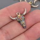 6 Bull Skull Charms Silver Plated with Flowers, Multicolor Enamel chs8579