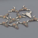 6 Bull Skull Charms Silver Plated with Flowers, Multicolor Enamel chs8579