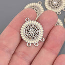 5 White Flower Mandala Charms, Silver Metal with Enamel, connector link, chs8580