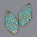 2 Fancy Pendant Charms, Bronze with BLUE verdigris patina, large 2.25" long, chs8582