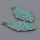 2 Fancy Pendant Charms, Bronze with BLUE verdigris patina, large 2.25" long, chs8582