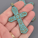 1 Large CROSS Charm Pendant Bronze with blue verdigris patina, floral design, 2.75" long, chs8583