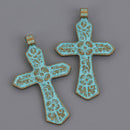 1 Large CROSS Charm Pendant Bronze with blue verdigris patina, floral design, 2.75" long, chs8583