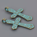 1 Large CROSS Charm Pendant Bronze with blue verdigris patina, floral design, 2.75" long, chs8583