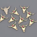 6 Bull Skull Charms Silver Plated with Flowers, Multicolor Enamel chs8584