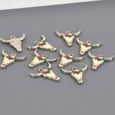 6 Bull Skull Charms Silver Plated with Flowers, Multicolor Enamel chs8584