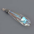 1 Crystal AB Teardrop Drop Pendant, Clear Glass with rhinestone pave' bead cap, Faceted, Silver Bail, 3.5" long, chs8609