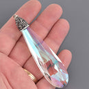 1 Crystal AB Teardrop Drop Pendant, Clear Glass with rhinestone pave' bead cap, Faceted, Silver Bail, 3.5" long, chs8609