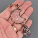 Copper Moon and Stars Gemstone Pendant with Amethyst and Rose Quartz, 3.5" long, chs8618