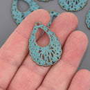 5 Bronze Patina Teardrop Charms, Blue Verdigris Patina, Victorian filigree design, chs8620