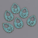 5 Bronze Patina Teardrop Charms, Blue Verdigris Patina, Victorian filigree design, chs8620