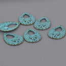 5 Bronze Patina Teardrop Charms, Blue Verdigris Patina, Victorian filigree design, chs8620