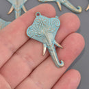 5 ELEPHANT Gold Pendant Charms, Light Gold with blue verdigris patina, Hindu Ganesha 1-3/4" long, chs8648