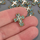 5 Cross Relic Charms, Bronze Patina Hammered Cross with Silver, Blue Verdigris, 17mm, chs8649
