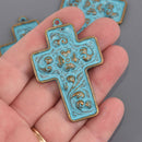 Large CROSS Charm Pendants Bronze with blue verdigris patina, floral design, 2.25" long, chs8651