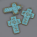 Large CROSS Charm Pendants Bronze with blue verdigris patina, floral design, 2.25" long, chs8651