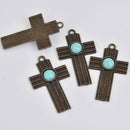 Bronze Boho Cross Charms, faux turquoise, 1.75" long chs8652
