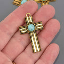 Gold Boho Cross Charms, faux turquoise, 1.75" long chs8653
