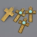 Gold Boho Cross Charms, faux turquoise, 1.75" long chs8653