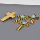 Gold Boho Cross Charms, faux turquoise, 1.75" long chs8653