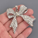 Large Silver Rhinestone BOW Charm, Plated Metal with Crystals 2.25" long chs8655