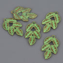 5 Bronze Leaf Charms, Green Verdigris Patina, 31mm long, chs8667