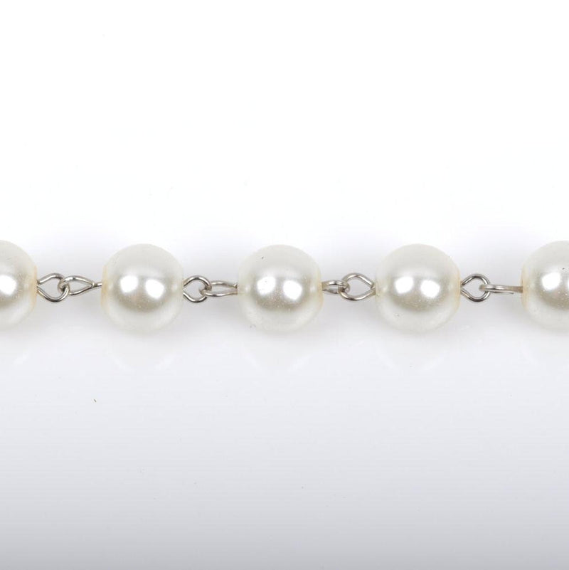 Off-White Ivory Pearl Rosary Chain, silver, 10mm round glass pearl beads, fch0419