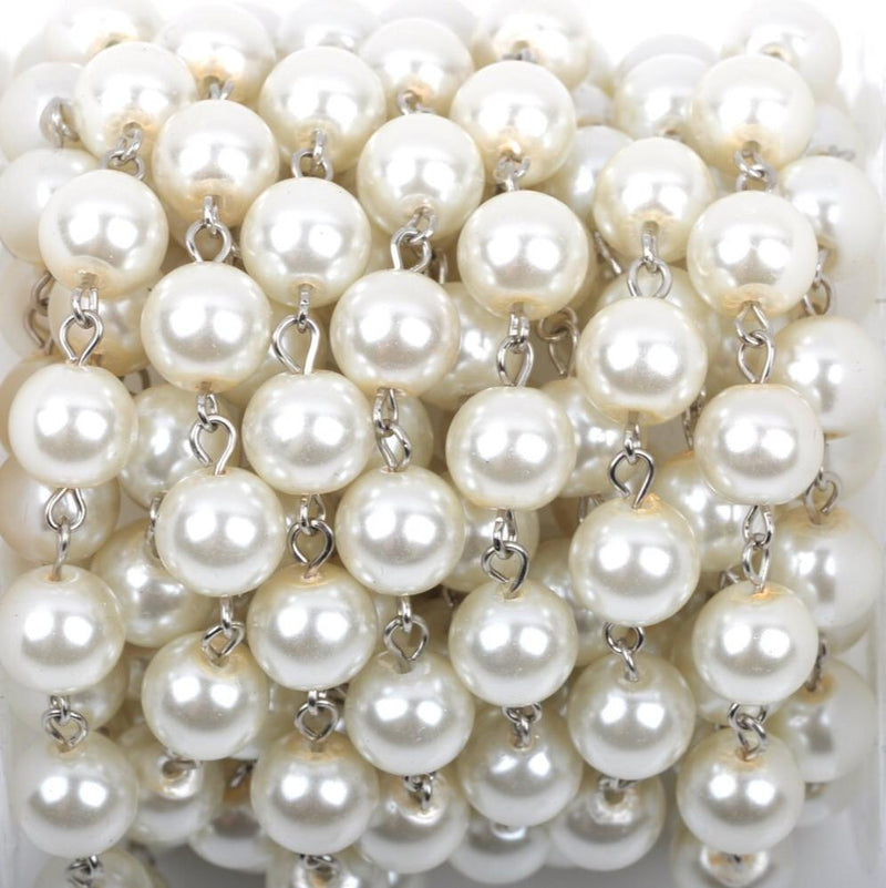 Off-White Ivory Pearl Rosary Chain, silver, 10mm round glass pearl beads, fch0419