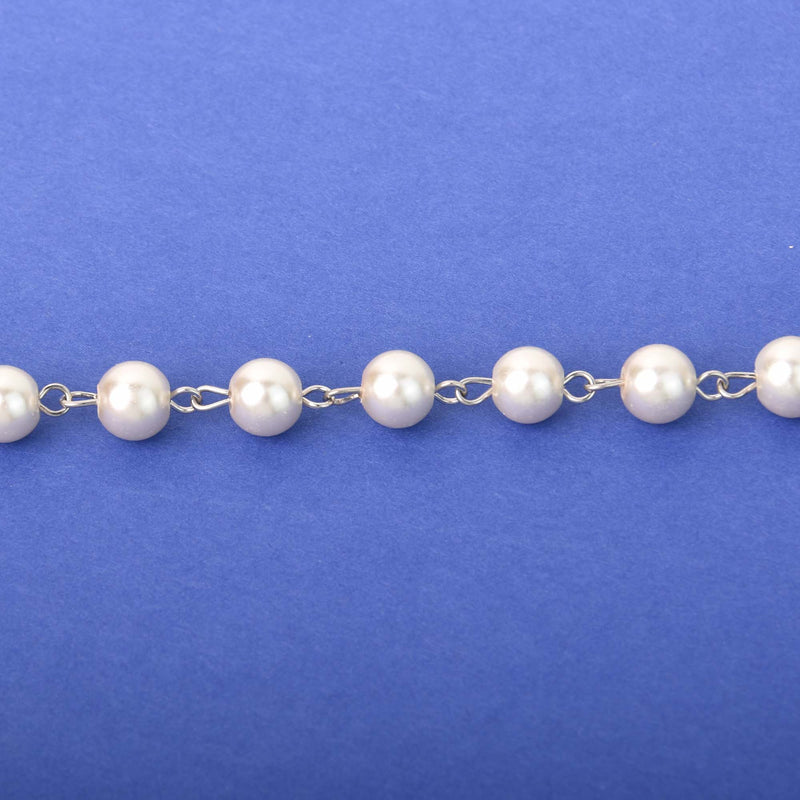 8mm Cream Pearl Rosary Chain, silver links, round glass pearl beads, fch1311