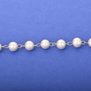 8mm Cream Pearl Rosary Chain, silver links, round glass pearl beads, fch1311