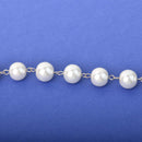 12mm White Pearl Rosary Chain, silver wire, round glass pearl beads, fch1313
