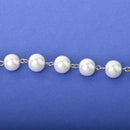 12mm White Pearl Rosary Chain, silver wire, round glass pearl beads, fch1313