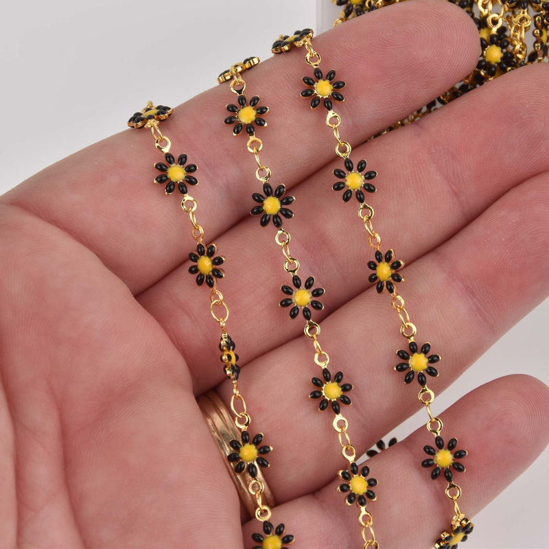 Black Daisy Chain, Enamel Flowers, Gold Plate Anklet Chain, Bracelet Chain, fch1318