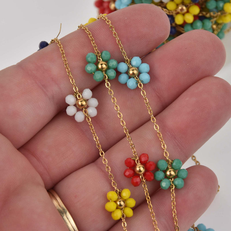 Gold Beaded Daisy Chain, Multicolor Bead Flowers, Anklet Chain, Bracelet Chain, fch1319