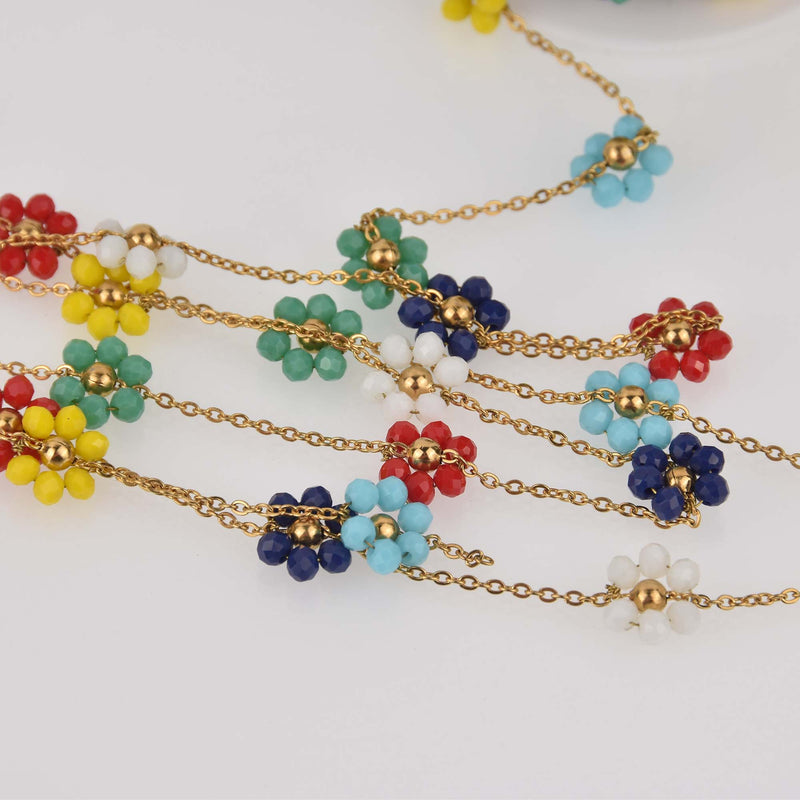 Gold Beaded Daisy Chain, Multicolor Bead Flowers, Anklet Chain, Bracelet Chain, fch1319