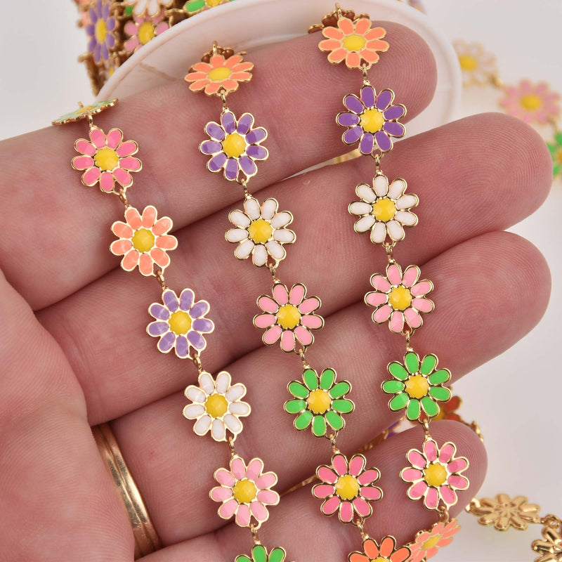 Gold Daisy Chain, Pastel Rainbow Enamel Flowers, Anklet Chain, Bracelet Chain, fch1321