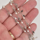 1 yard Rosary Chain, real pearls and cross, silver links bead chain, 4mm white pearls, fch1324a