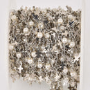 1 yard Rosary Chain, real pearls and cross, silver links bead chain, 4mm white pearls, fch1324a