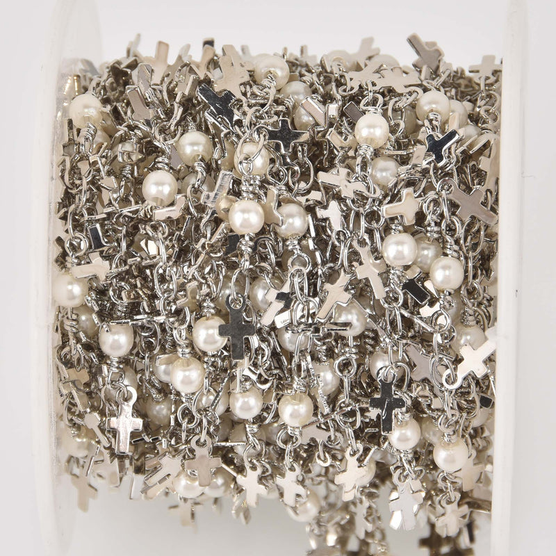 1 yard Rosary Chain, real pearls and cross, silver links bead chain, 4mm white pearls, fch1324a