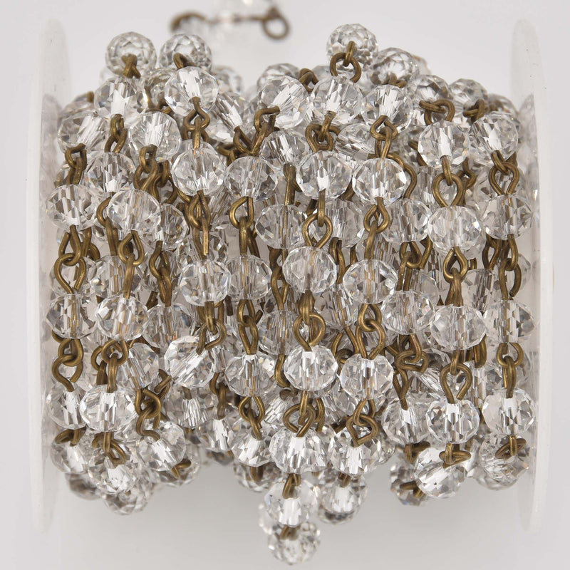 6mm CLEAR Crystal Rondelle Rosary Chain, bronze wire, faceted glass beads, fch1325