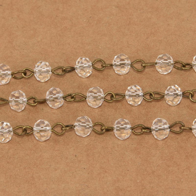 6mm CLEAR Crystal Rondelle Rosary Chain, bronze wire, faceted glass beads, fch1325