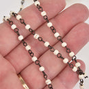 WHITE Howlite Rosary Chain, Howlite Bead Chain, BLACK wire, 4mm round stone beads, fch1326
