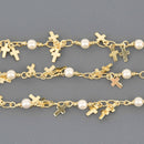 1 yard Gold Charm Chain, pearls and crosses, gold links bead chain, fch1334a