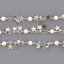 1 yard Charm Chain, pearls and star charms, silver links bead chain, fch1335a
