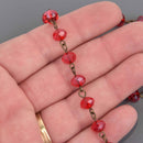 1 yard RED Crystal Rondelle Rosary Chain, bronze wire, 8mm faceted glass beads, fch1342a