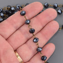 1 yard BLACK Crystal Rondelle Rosary Chain, bronze wire, 8mm faceted glass beads, fch1343a